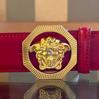 VERSACE Hexagon Medusa Buckle Red Leather Belt 100/4 (SZ XL)