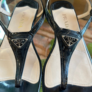 PRADA Black Patent Leather Sandal Wedges 37.5(7.5US)