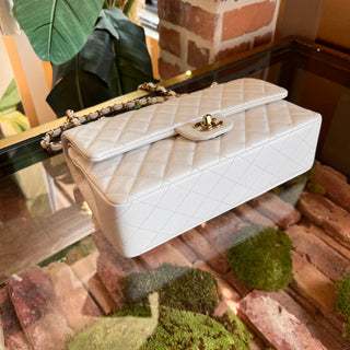 CHANEL Double Flap Medium White Caviar Leather Shoulder Bag