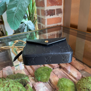 GUCCI Super Mini Pochette Black GG Embossed Leather Crossbody Bag