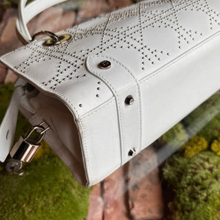 DIOR Lady Dior East West White Calfskin Leather Studded Tote Bag