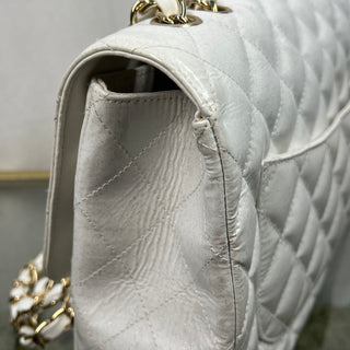 CHANEL Jumbo Classic Single Flap White Pearl Glitter Patent Leather Shoulder Bag ADI1120