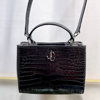 JIMMY CHOO Mini Varene Croc Embossed Black Leather Bag