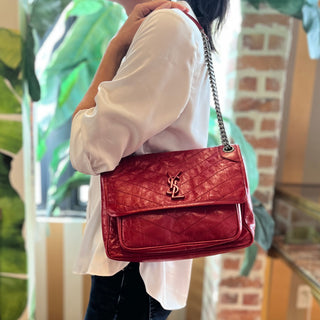 SAINT LAURENT Niki Medium Red Crackled Calfskin Shoulder Bag