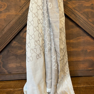 GUCCI Light Gray GG Monogram Wool & Silk Blend Fringe Shawl Scarf