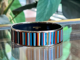 HERMES Multicolor Striped Enamel Wide Bangle Bracelet