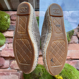 CHANEL CC Gold Black Tweed Grosgrain Espadrilles SZ 41 (US 11)