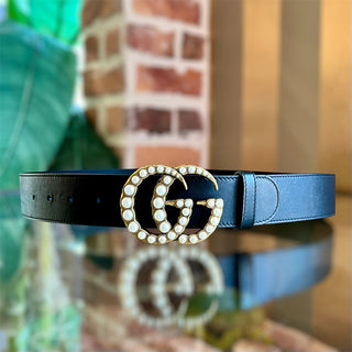 GUCCI Black Moon Calfskin Double G Pearl Embellished Belt SZ90/36(8US)