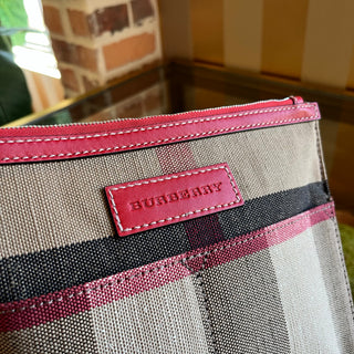 BURBERRY Red Leather Check Canvas Pouch Insert