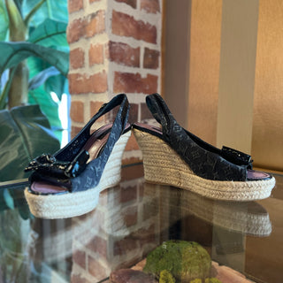 LOUIS VUITTON Monogram Black Denim/Patent Leather Bow Espadrilles SZ 38 (US 8)