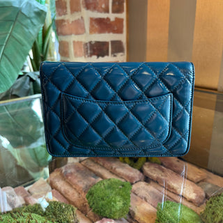 CHANEL Classic Quilted Blue Patent Leather Wallet On Chain