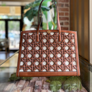 TORY BURCH Walker Brown Basket Weave Tote