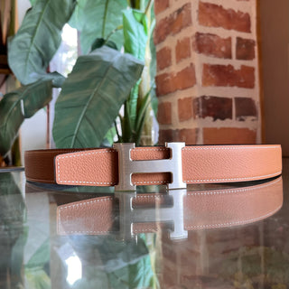 HERMES Black Brown Reversible Palladium H Buckle Belt SZ100(14US)