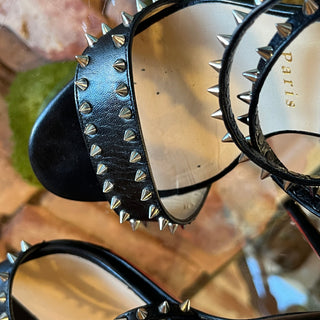 CHRISTIAN LOUBOUTIN Choca Spikes 100 Black Leather Heeled Sandals SZ35.5(5.5US)