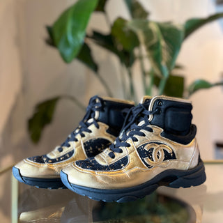 CHANEL Metallic Lambskin and Tweed CC High Top Sneakers 37.5