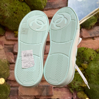 CHANEL CC Light Turquoise White Cotton Sneakers SZ37(7US)