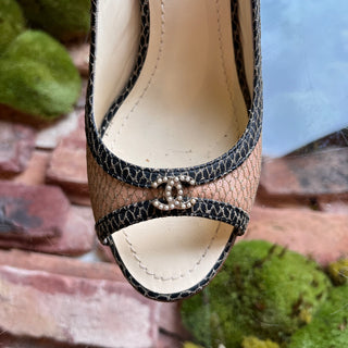 CHANEL CC Lace Pink/Black Leather Heels SZ 36.5 (US 6.5)