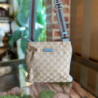 GUCCI Small Beige Blue GG Canvas Web Strap Zip Messenger Crossbody Bag