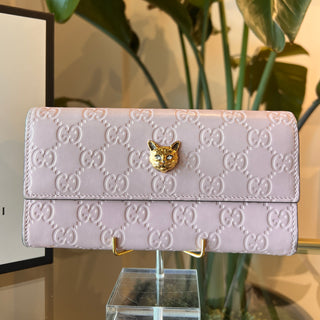 GUCCI Pink Guccissima Leather Continental Cat Head Flap Wallet