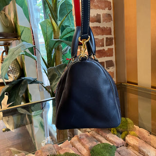 CAROLINA HERRERA Boston Navy Blue Embossed Leather Satchel Bag