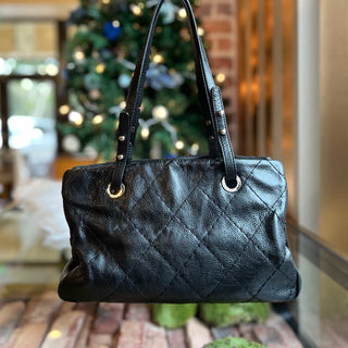 CHANEL On The Road Black Quilted Glazed Leather Tote Bag