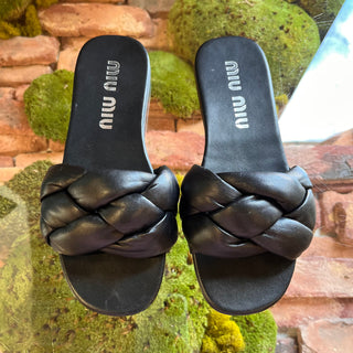 MIUMIU Black Leather Braided Slip On Sandal SZ 37 (US 7)