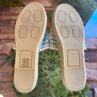PRADA Blue Nastro Jacquard Embroidered Logo Slip On Espadrilles SZ 39 (US 9)