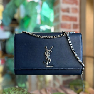 SAINT LAURENT Kate Navy Blue Grain De Poudre YSL Monogram Shoulder Bag