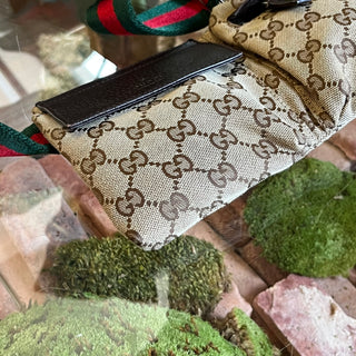 GUCCI Beige Brown GG Web Canvas Double Pocket Belt Bag
