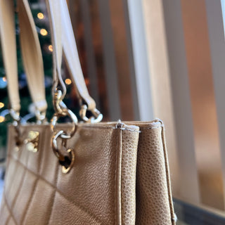 CHANEL Chocolate Bar Beige Caviar Leather Tote Bag