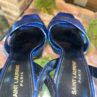 SAINT LAURENT Farrah 80MM Metallic Blue Calfskin Platform Heels Size 40