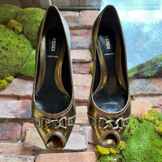 FENDI Peep Toe Gold Leather Kitten Heels SZ 38.5 (US 8.5)