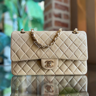 CHANEL Beige Lambskin Leather Quilted Double Flap Shoulder Bag