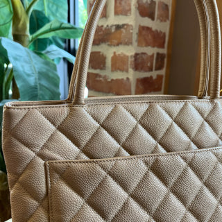 CHANEL Medallion Beige Quilted Caviar Leather Tote Bag