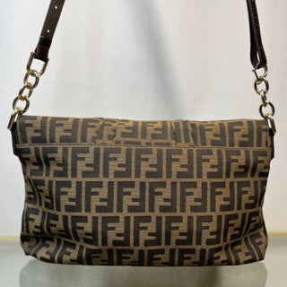 FENDI Mia Flap Large Tobacco Zucca Canvas Patent Shoulder Bag