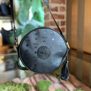 MCM Black Vintage Round Visetos Canvas Crossbody Bag