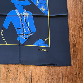 CHANEL Mademoiselle Chain Blue Black Silk Vintage Scarf