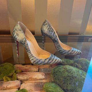 CHRISTIAN LOUBOUTIN Pigalle Follies Silver Glitter Striped Heels SZ 36 (US 6)