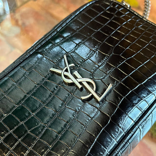 SAINT LAURENT Lou Mini Black Calfskin Crocodile Embossed Crossbody