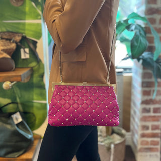 VALENTINO Magenta Rockstud Embellished Leather Clutch