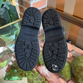 CHANEL Black Calfskin Grosgrain Quilted Lace Up Boots SZ36.5(6.5US)