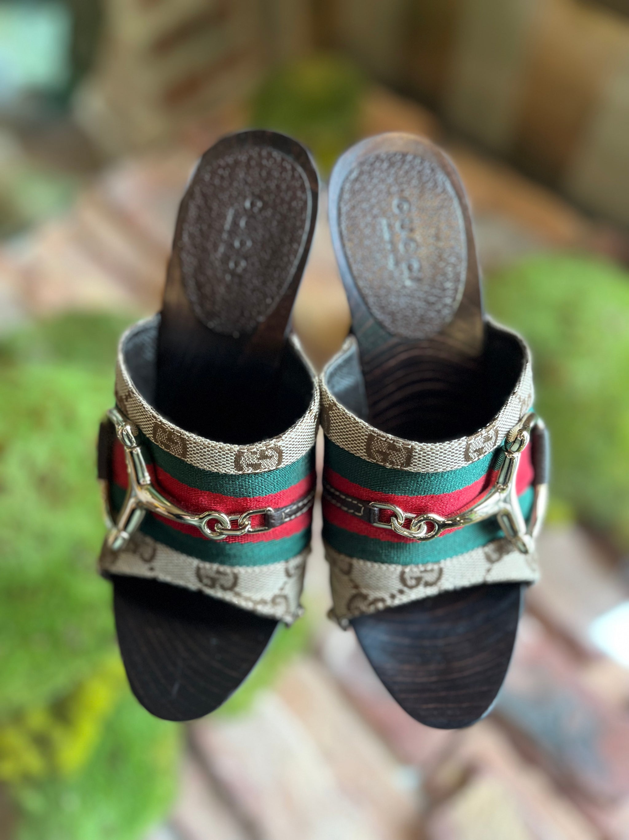 Gucci Canvas Green & Red Horsebit Mules Size 5