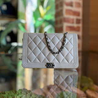 CHANEL Boy Silver Caviar Leather Wallet on Chain Bag