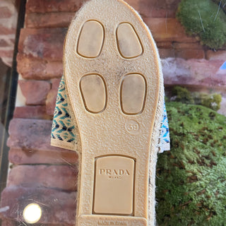 PRADA Blue Nastro Jacquard Embroidered Logo Slip On Espadrilles SZ 39 (US 9)