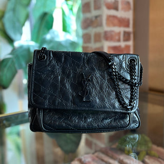 SAINT LAURENT Niki Medium Crinkled Calfskin Matelassé Monogram Chain Shoulder Bag