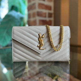 SAINT LAURENT Cassandre Beige Grain de Poudre Leather Wallet on Chain Bag