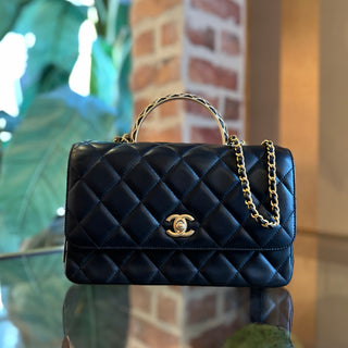 CHANEL Twist Flap Black Lambskin Metal Quilted Chain Top Handle Bag