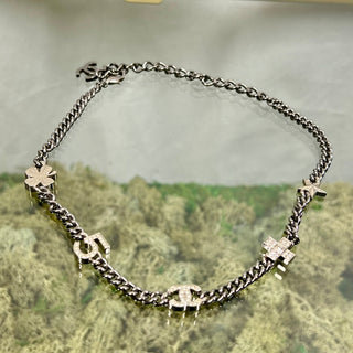 CHANEL Gun Metal Silver Ruthenium Crystal Chain CC Lucky Charms Choker