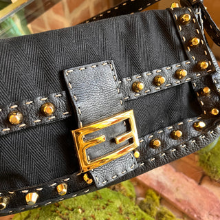 FENDI Selleria Mama Baguette Black Studded Leather Shoulder Bag