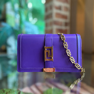 VERSACE Greca Goddess Purple Leather Wallet on Chain